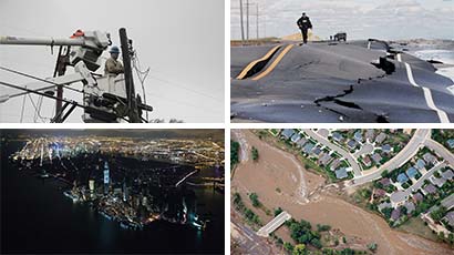 utility worker; worker inspecting damaged road; urban power outage; road washed out due to flooding