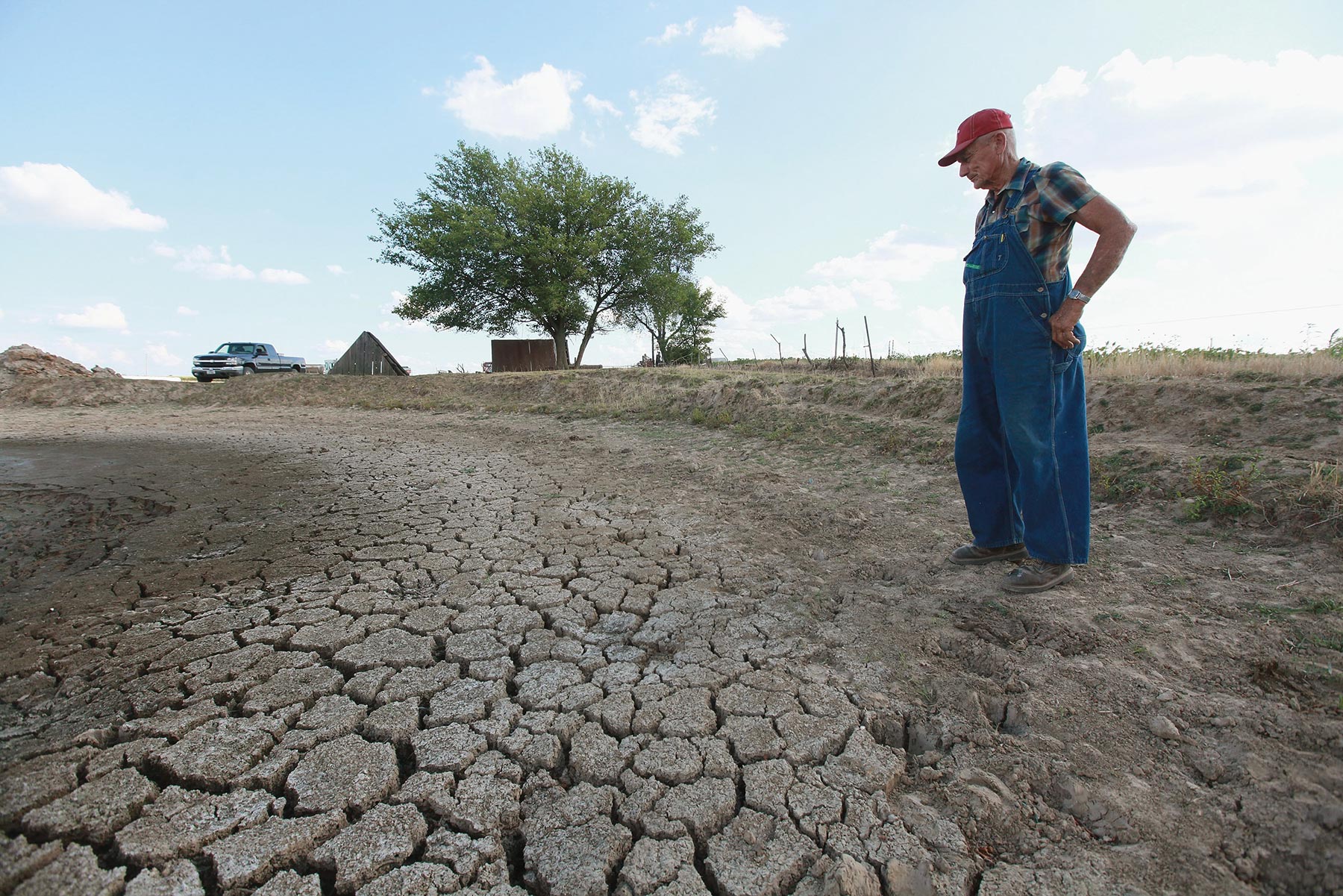 farmer examines parched land